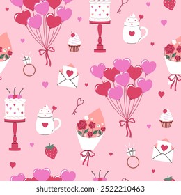 Valentine's day seamless pattern with different items. Vector graphics.