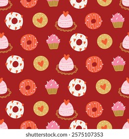 Valentine's Day seamless pattern with donuts, cookies, hearts, cakes on dark red background. Perfect for wallpaper, gift paper, romantic greeting cards. Vector hand drawn illustration