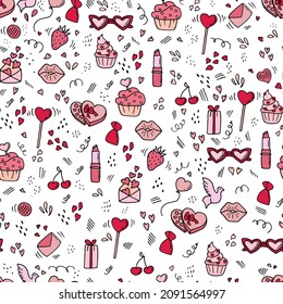 Valentine's Day - seamless pattern. Doodle style valentines. Design for fabric, textile, wallpaper, packaging, wrapping paper.	
