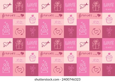 Valentine's Day seamless pattern in doodle style in squares. Print for wallpaper, stationary, wrapping paper, textile prints, packaging, etc. Vector illustration