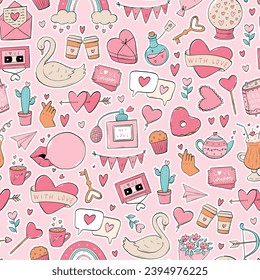 Valentine's day seamless pattern with doodles on pink background for wallpaper, packaging, textile prints, wrapping paper, scrapbooking, etc. EPS 10