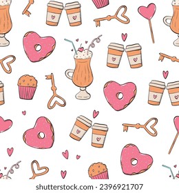 Valentine's day seamless pattern with doodles of coffee, donuts and cupcakes for textile prints, wallpaper, backgrounds, scrapbooking, wrapping paper, etc. EPS 10