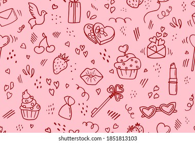 Valentine's Day. Seamless pattern with drawings for the holiday of St. Valentine. Doodle style.