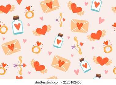 Valentines Day seamless pattern. Envelopes and bottles with heart. Romance and gifts for loved one. Repeating image for printing on wrapping paper. Love and care. Cartoon flat vector illustration