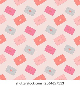 Valentine's Day seamless pattern with envelopes and love messages on a pink background. Vector illustration.