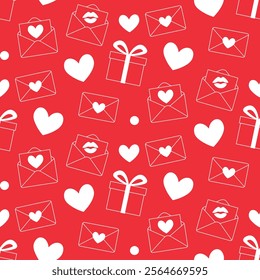 Valentine's Day seamless pattern with envelopes, gift boxes and hearts, wrapping paper for valentine gifts, Love Letter envelope, red and white background