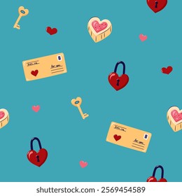 Valentine's Day Seamless pattern with envelopes and Heart Shaped Lock and Key. Cute background for textiles and packaging. Vector illustration.