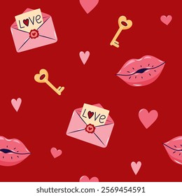 Valentine's Day Seamless pattern with envelopes and Kissing lips. Cute background for textiles and packaging. Vector illustration.