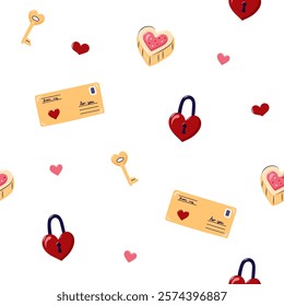 Valentine's Day Seamless pattern with envelopes and Heart Shaped Lock and Key. Cute background for textiles and packaging. On white background. Vector illustration.