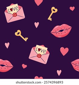 Valentine's Day Seamless pattern with envelopes and Kissing lips. Cute background for textiles and packaging. On dark background. Vector illustration.