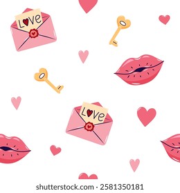 Valentine's Day Seamless pattern with envelopes and Kissing lips On white background. Cute background for textiles and packaging. Vector illustration.