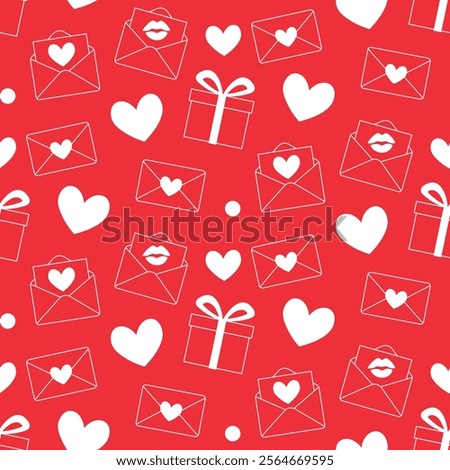 Valentine's Day seamless pattern with envelopes, gift boxes and hearts, wrapping paper for valentine gifts, Love Letter envelope, red and white background