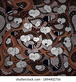 Valentines Day. Seamless pattern with Ethnic Hearts, in retro 80s style for fabric print, paper print and website backdrop. Gray, brown and white Vector illustration.