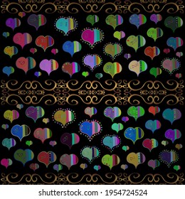 Día de San Valentín. Patrón sin problemas con Corazones Étnicos, en estilo retro de los años 80 para impresión de tela, papel impreso y fondo de sitio web. Ilustración de vectores negro, verde y azul.