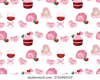 Dia dos Namorados padrão sem costura com ilustrações de um bolo de rolo rosa coberto com um morango, um cupcake de veludo vermelho, um copo de vinho tinto, uma xícara de café em forma de coração e doces em forma de coração