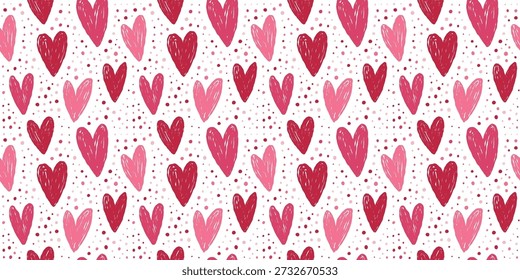 Valentine's Day seamless pattern featuring hand-drawn hearts in soft pink and red, ideal for romantic wallpaper, fabric design, and greeting cards.