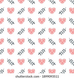 Valentine's day of seamless pattern. Festive decoration on white background with heart and leaves for a princess party, wedding, holiday. Vector flat illustration