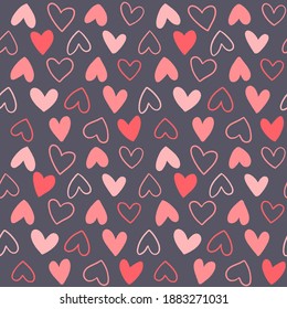 Valentine's Day seamless pattern. Flat hand drawn love elements on a dark isolated background. Vector decorative illustration for wrapping and textile.