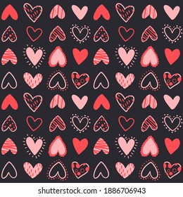 Valentine's Day seamless pattern. Flat hand drawn love elements on a dark isolated background. Vector decorative illustration for wrapping and textile.