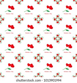 Valentines day seamless pattern, floral pattern with red flowers as hearts and inscription - Valentine's Day on white background