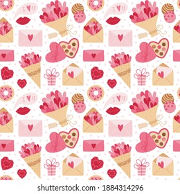 Valentines Day seamless pattern with flower bouquet, hearts, lips, letter envelope, gift box, heart diamond gemstone, heart shaped box with chocolates, sweets, confetti. Vector romantic background.