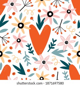 Valentines day seamless pattern with flowers, leaves and hearts. Romantic background. Vector illustration