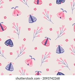 Valentine's Day seamless pattern with flowers, hearts, butterflies and branches on white background. Perfect for spring holidays, wallpaper, greeting cards. Vector illustration