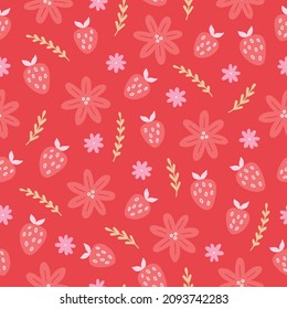 Día de San Valentín sin fisuras con flores, ramas, fresas sobre fondo rojo. Perfecto para vacaciones de primavera, fondo de pantalla, tarjetas de felicitación. Ilustración del vector
