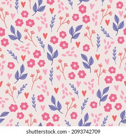 Valentine's Day seamless pattern with flowers, hearts, leaves and branches on white background. Perfect for spring holidays, wallpaper, greeting cards. Vector illustration