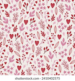 Valentinstag nahtloses Muster mit Blumen, Blättern, Beeren und Herzen auf weißem Hintergrund. Perfekt für Tapeten, Geschenkpapier, Grußkarten. Vektorgrafik