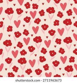 Patrón sin fisuras del día de San Valentín con las flores y los corazones en el fondo blanco. Perfecto para el Fondo de pantalla, papel de regalo, tarjetas de felicitación románticas. Vector dibujado a mano ilustración