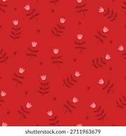 Patrón sin fisuras de San Valentín con flores y corazones sobre fondo rojo. Perfecto para el Fondo de pantalla, papel de regalo, tarjetas de felicitación románticas. Vector dibujado a mano ilustración