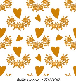 Valentines day seamless pattern with flowers, hearts. Fabric design. Hand drawn ornament. Background texture, wallpaper, wrapping