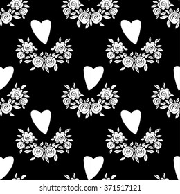 Valentines day seamless pattern with flowers, hearts. Fabric design. Hand drawn ornament. Background texture, wallpaper, wrapping