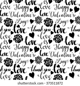 Valentines day seamless pattern with flowers, hearts. Fabric design. Hand drawn ornament. Background texture, wallpaper, wrapping