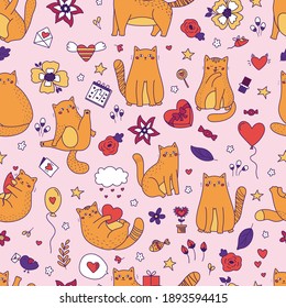 Valentines day seamless pattern. Funny doodle cats with balloons, hearts, sweets and flowers. Hand drawn vector animals.