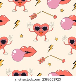 Valentine's Day seamless pattern with funny groovy 70s  style heart