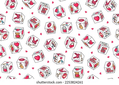 Valentine's day seamless pattern. Game dice with love symbols. Vector background