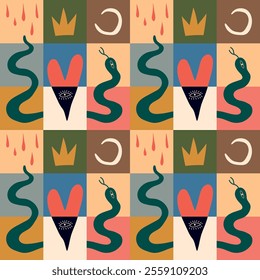 Valentine's day seamless pattern. Geometric pattern with snake, heart, crown and moon. Vector illustration for packaging, greeting card, fabric, wrapping paper, cover