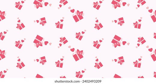 Patrón sin fisuras del día de San Valentín con caja de regalo, Corazones. Caricatura de Vector Flat Antecedentes románticos. Plantilla rosa para papel de envolvimiento, textil, tejido, pancarta. Celebración de vacaciones Decoración, cubierta de bodas