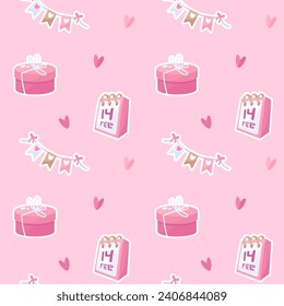 Valentines day seamless pattern with gift and calendar 