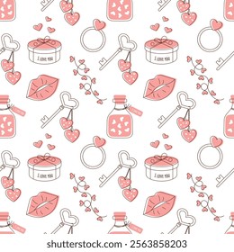 Valentine's Day. Seamless pattern with gift, garland with hearts, air kiss, love potion and ring on white background. Concept of tenderness and love for valentine's day, wedding decor, birthday