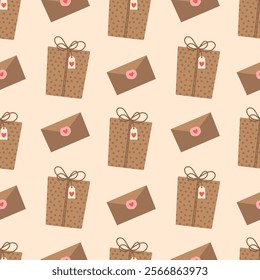 Valentine's day seamless pattern. Gift box and love letter on a light background. Vector illustration for wrapping paper, greeting card, fabric