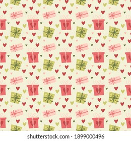 Regalos y corazones sin fisuras del día de San Valentín. Tarjeta de saludo o invitación en un estilo moderno.Ilustración vectorial