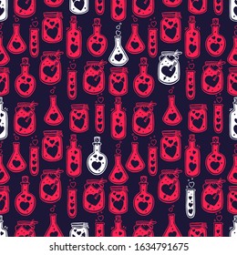 Valentines day seamless pattern of glass bottles with cute hearts inside. Hand-drawn illustration