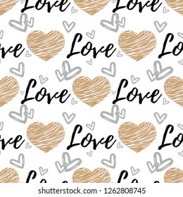Valentine's Day seamless pattern of gold and gray color hearts and Love text on white background. Design for Valentine's day concept. Vector illustration.