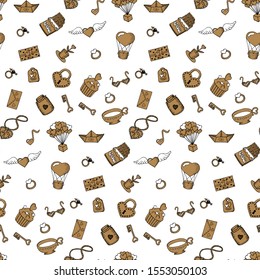 Valentine's day seamless pattern with gold elements in doodle style. Cute hand drawn texture for greeting cards, fabric, wrapping paper. Vector illustration.