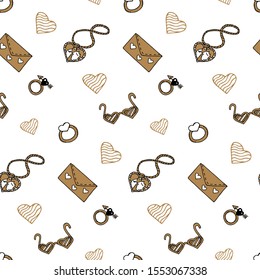 Valentine's day seamless pattern with gold elements in doodle style. Locket, glasses, ring, love letter, heart. Cute hand drawn texture for greeting cards, fabric, wrapping paper. Vector illustration.