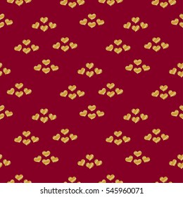 Valentines day seamless pattern with gold glitter hearts on dark red