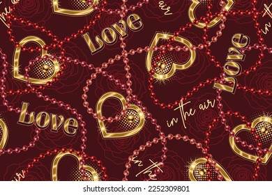 Valentines day seamless pattern with golden heart, string of beads, text Love in the air, outline roses on dark background. For wedding, engagement event, Valentines Day, gift decoration.